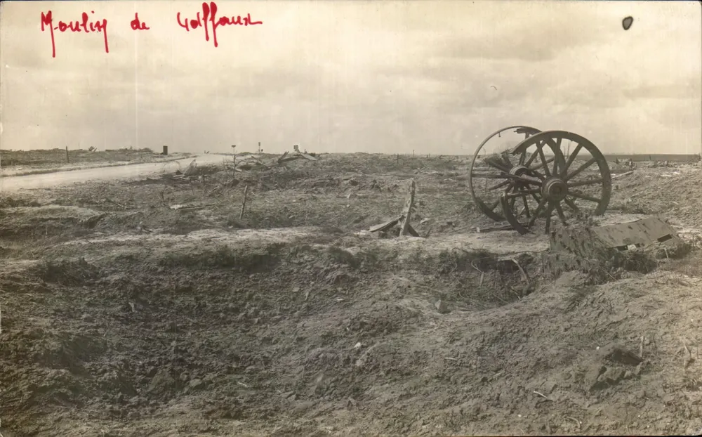 Mühle von Goffaure — zerstörtes Landschaftsbild mit Wagenrad — unbekannter Verleger - Vorderseite