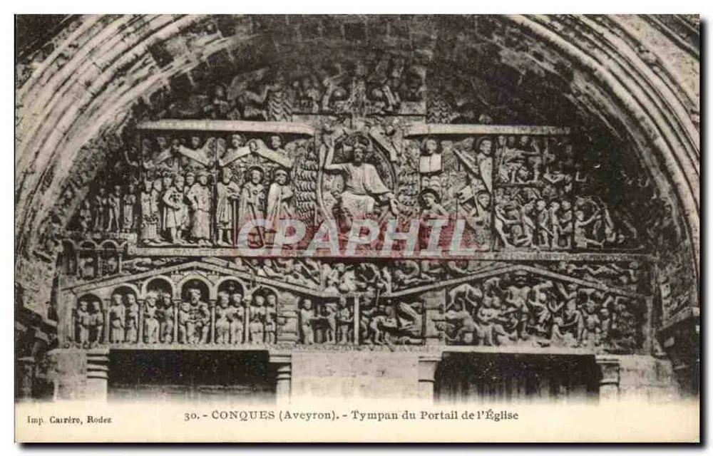 Conques (Aveyron) — Tympanos da Porta da Igreja — Imp. Carrère, Rodez, n°30 - Frente