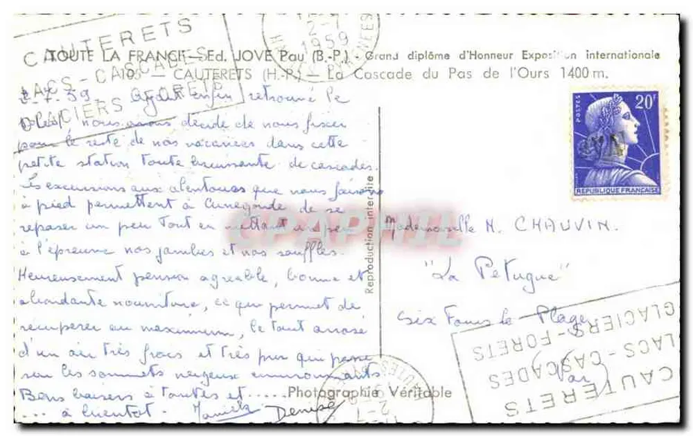 Cascades de Cauterets — Grande medalha de Honra Exposição internacional — editor Jove Pau (B.P.) - Verso
