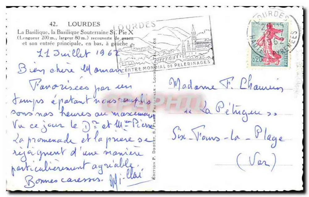 Lourdes — Die unterirdische Basilika Saint-Pie X und ihr Haupteingang — Ausgabe P. Doucet, 8, Place Pasteur, Lourdes - Rückseite