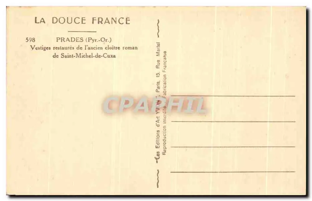Prades (Pyrénées-Orientales) — Restaurierte Überreste des alten römischen Klostergangs von Saint-Michel-de-Cuxa — Éditions d'Art Yvonne, Paris - Rückseite