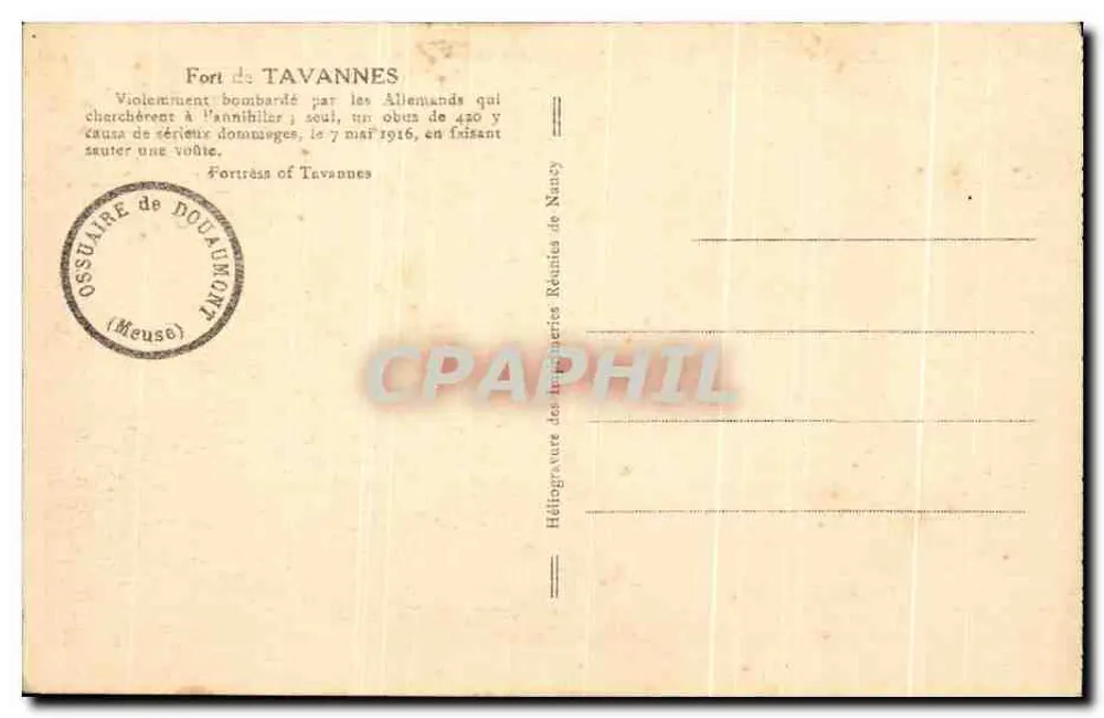 Fort de Tavannes — ruínas após bombardeio — Héliogravure des Tranchées Réunies de Meuse - Verso