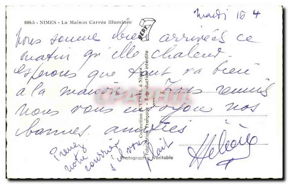 Nîmes - A Maison Carrée iluminada — Bilhete postal antigo N°166-5, editada por R. RAIL - Verso
