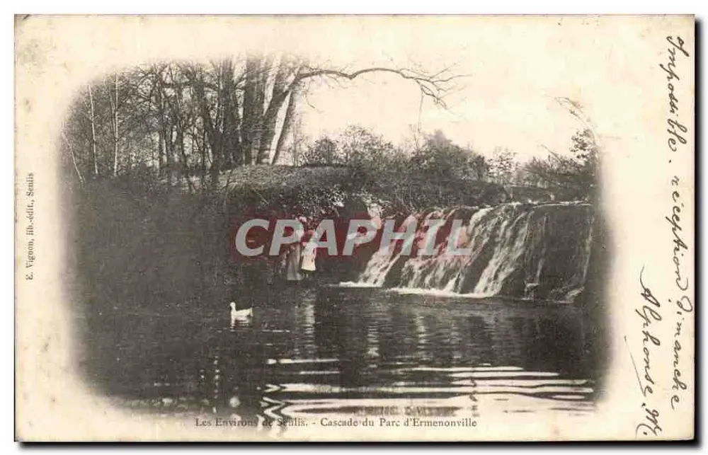 Os arredores de Senlis - Cachoeira do Parc d'Ermenonville — E. Vignon, litografia de S. Sotlis - Frente