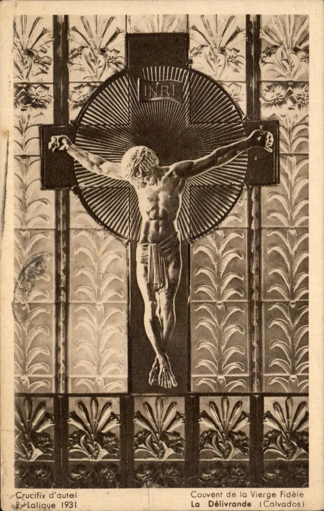 Crucifix d'autel — représentation de Jésus-Christ crucifié avec inscription INRI — éditeur R. Lalique, n° de série 1931 - Vorderseite