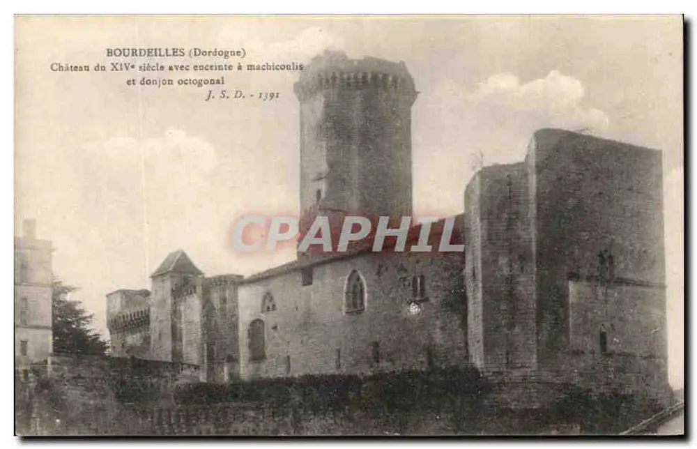 Bourdeilles (Dordogne) — Castillo del siglo XIV con muralla con machicolios y torre octogonal — J. S. D. - 1391 - Anverso