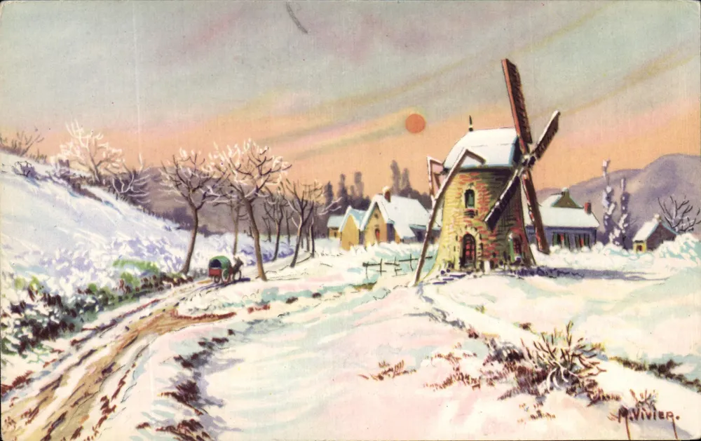 Winterlandschaft mit Mühle — Zeichnung von P. Vivier — Verlag P.C. Paris - Vorderseite