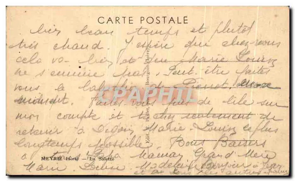 Meyrie (Isère) — La Salette — Igreja erguida entre árvores — Ed. R. Hallet, Bourgoin (Isère) - Verso