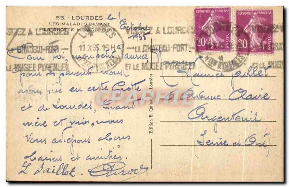 Lourdes — A Gruta Milagrosa — Edição E. Quinault, Lourdes, Série 53 - Verso