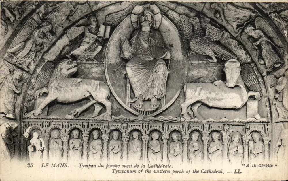 Le Mans — Tympans des Westportals der Kathedrale — "À la Civette" - Vorderseite