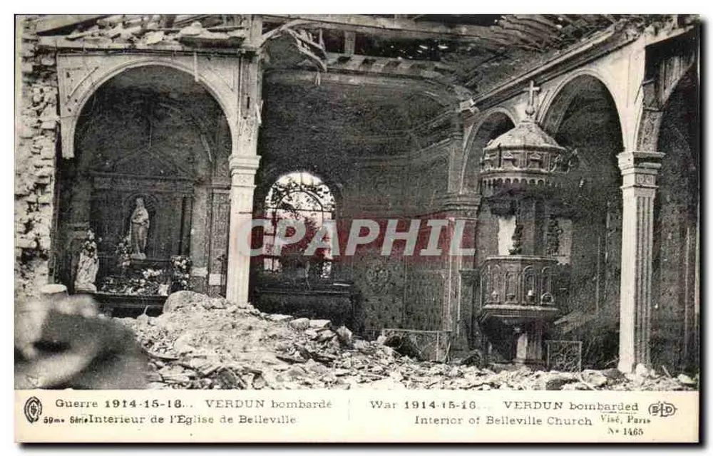 Innenansicht der Kirche von Belleville — Verdun bombardiert — Viscé, Paris, Nr. 1465 - Vorderseite