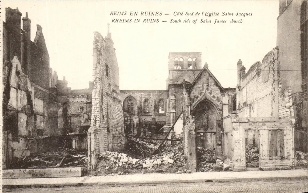 Reims in Ruinen — Südseite der Kirche Saint Jacques — L. Joulhand, Verlag, Reims - Vorderseite