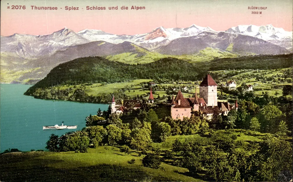 Thunersee - Spiez - Schloss und die Alpen — Blüemlisalp, 3869 M — M 2076 - Vorderseite