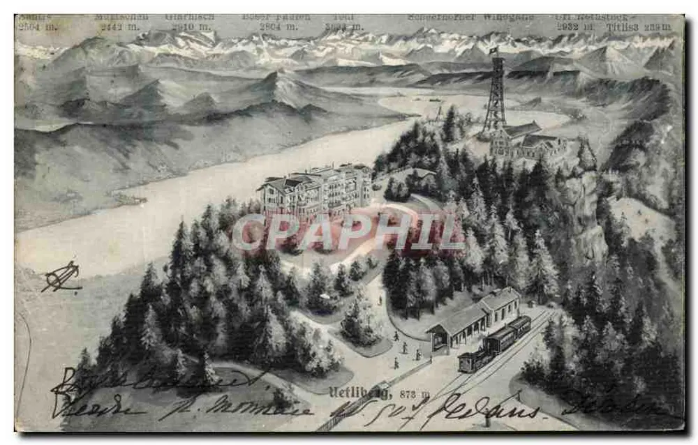 Vista aérea do Vettliberg — estação de montanha com ferrovia e montanhas nevadas — editor não visível - Frente