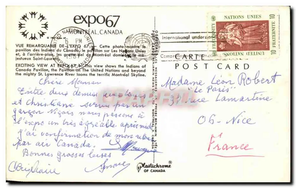 Expo 67 — Ausgezeichnete Ansicht des Pavillons der kanadischen Ureinwohner und des Montrealer Hochhauses — Plastichrome of Canada - Rückseite
