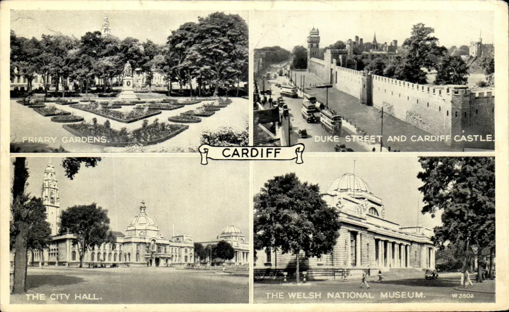 Cardiff — Friary Gardens, Duke Street und Cardiff Castle, die City Hall, das Welsh National Museum — Silveresque, W 3502 - Vorderseite