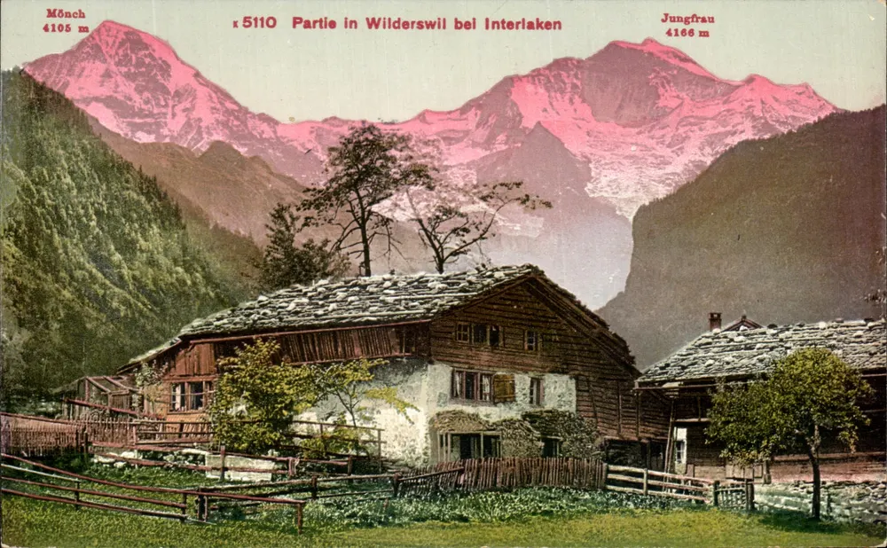 Parte de Wilderswil perto de Interlaken — vista de montanhas com Mönch 4105 m e Jungfrau 4166 m — Edição Photoglob, Zürich - Frente