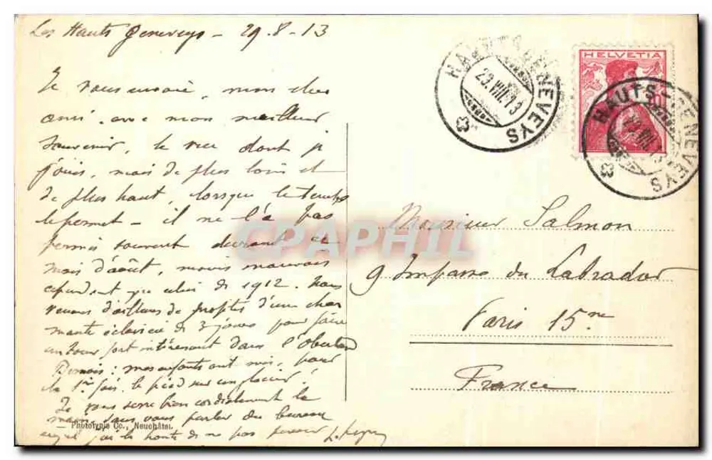 Neuchâtel — Vista general y las Alpes — Phototypia Co, n°29 - Reverso
