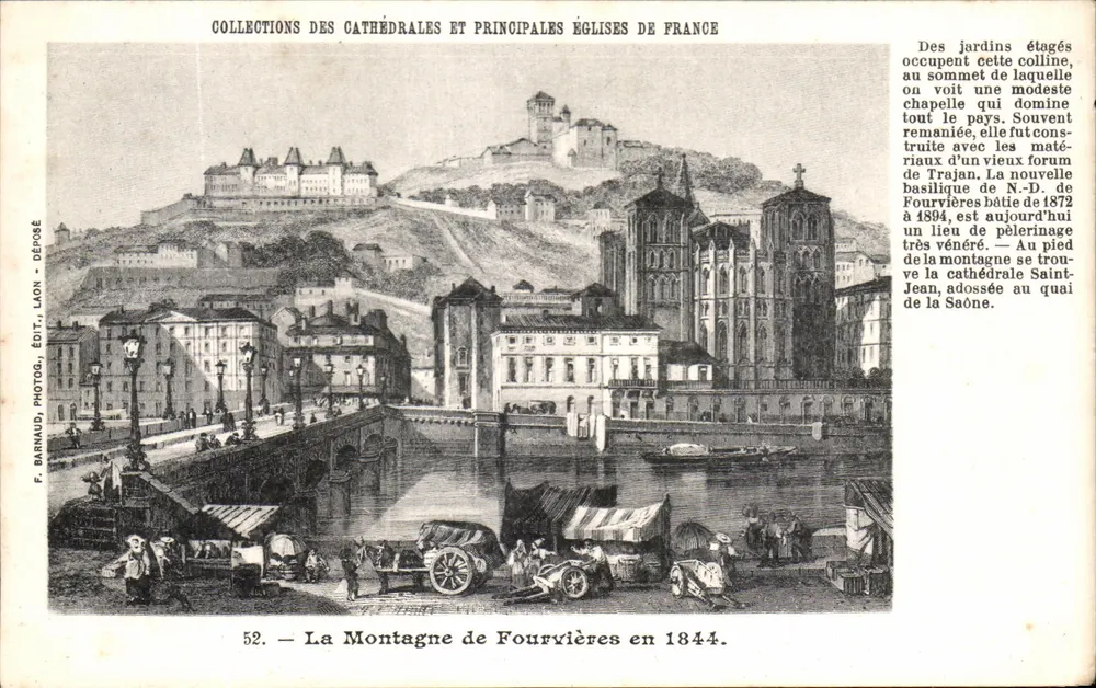 Berg Fourvières im Jahr 1844 — Sammlung der Kathedralen und wichtigsten Kirchen Frankreichs — F. Barnaud, Fotografie, Verlag Laon - Vorderseite