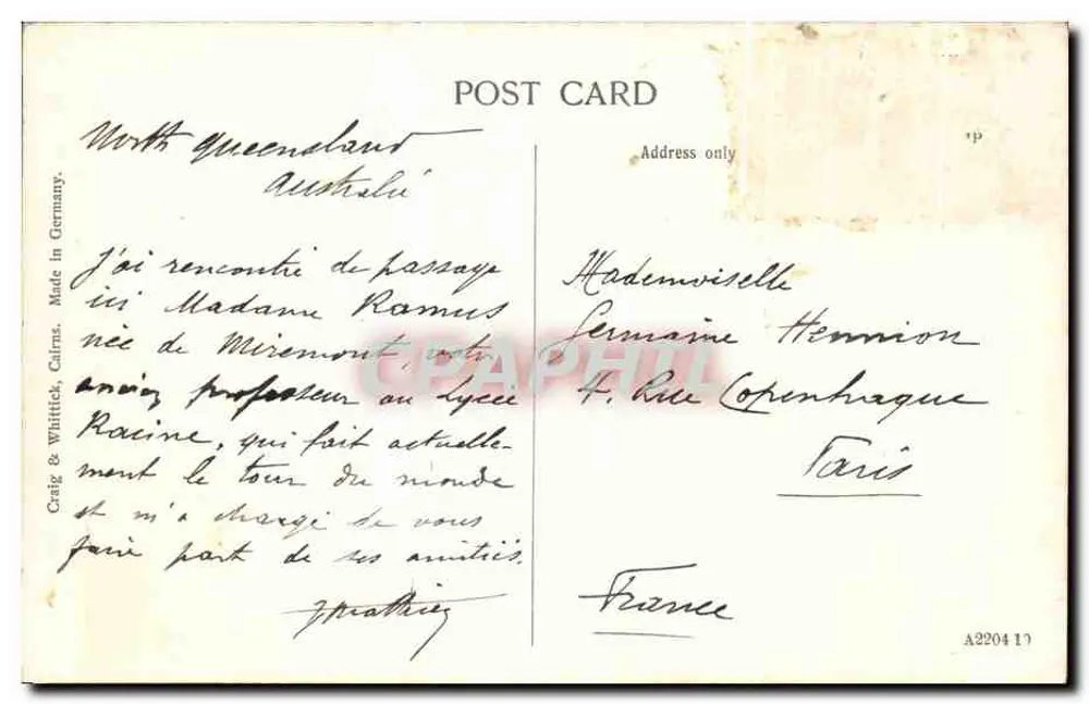 Vue en descente du Barron Gorge, Cairns Railway N.Q. — éditeur Craig & Whittick, Cairns - Verso