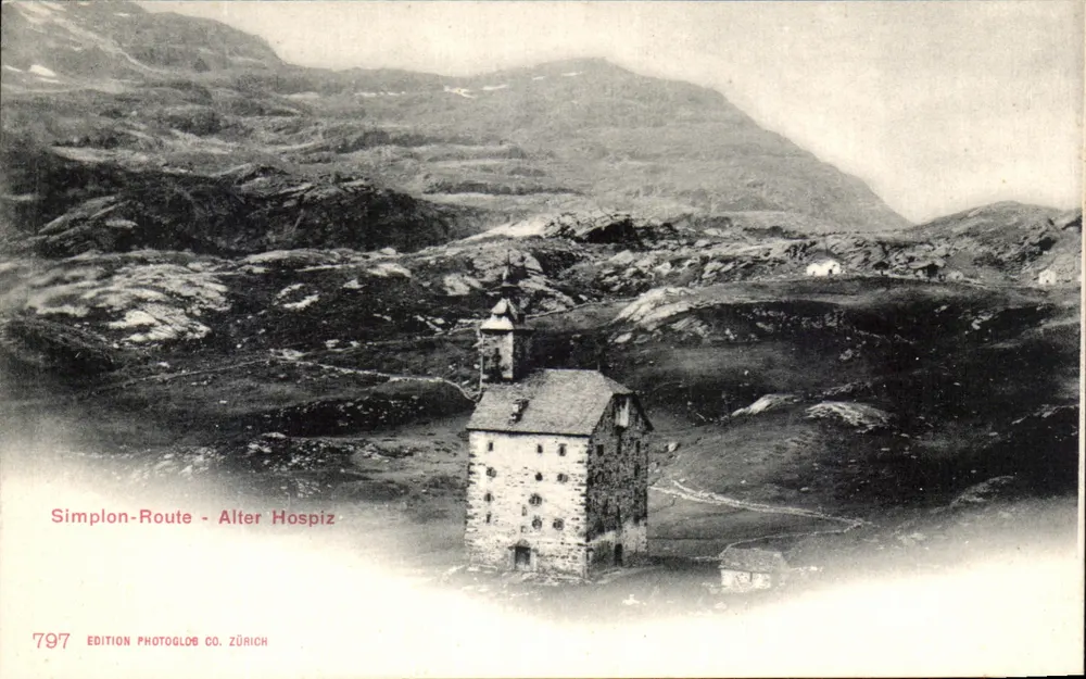 Alter Hospiz — Simplon-Route — Edição Photoglob Co. Zürich, n° 797 - Frente