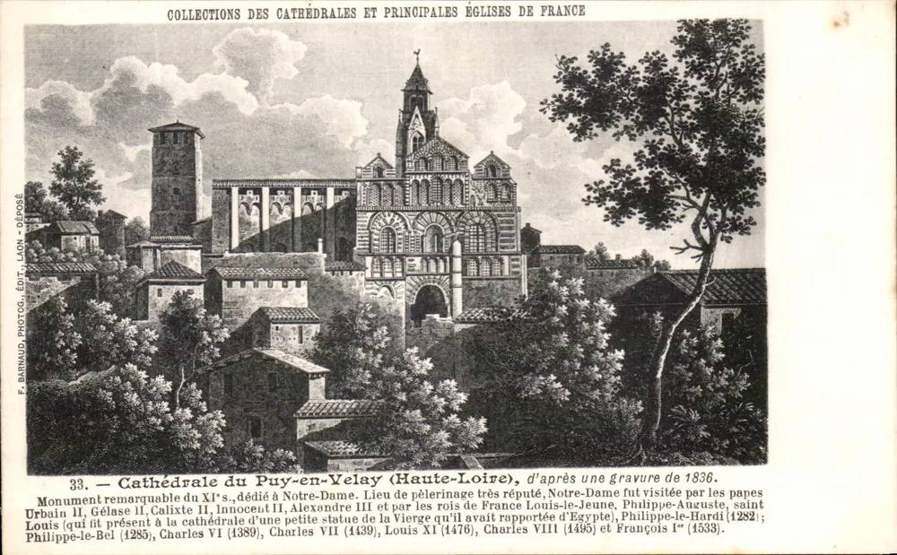 Catedral do Puy-en-Velay (Alta-Loire) — Monumento do século XI, dedicado a Nossa Senhora, segundo gravura de 1836 — F. Barnaud, Laon - Frente