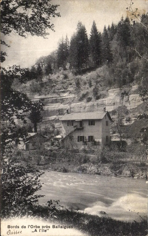 Margens do rio Orbe perto de Ballaigues — 'A l'Île' — A. Doriaz, Edit., Baulme - Frente