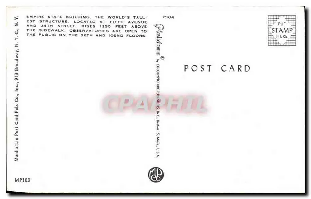 Empire State Building — New York City — Manhattan Post Card Pub. Co. Inc. - Rückseite