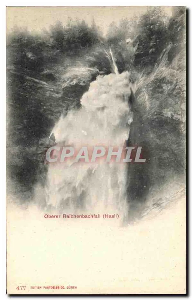 Oberer Reichenbachfall (Hasli) — cachoeira na floresta — Edição Photoslär Co. Zürich, n° 477 - Frente