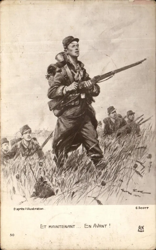 Soldaten auf dem Marsch — Serie 'Patriotische Galerie' Nr. 50 — G. Scott, Paris 1914 - Vorderseite