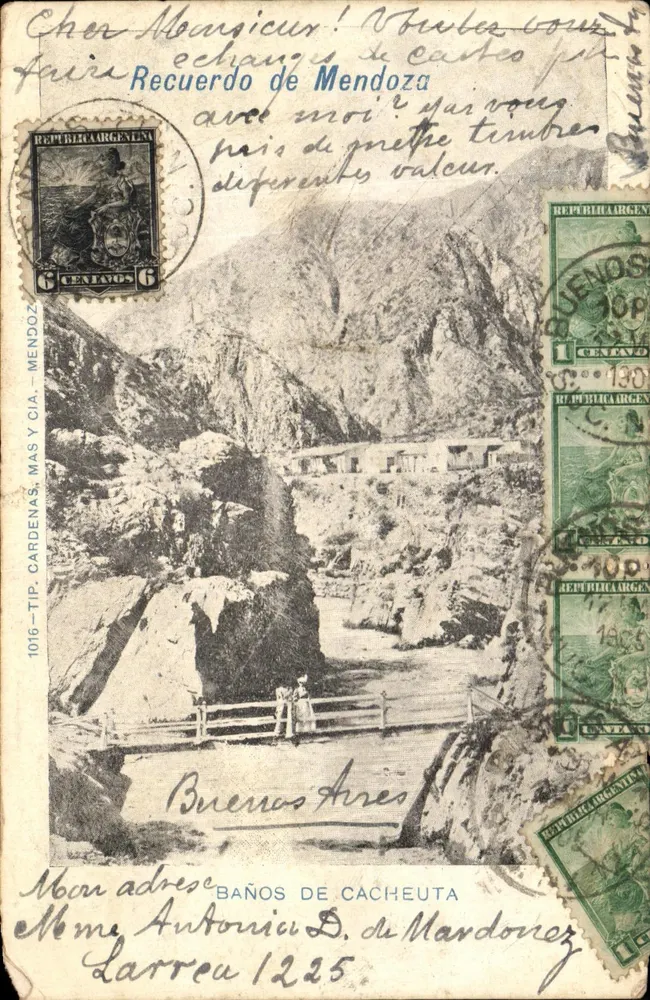 Baños de Cachueta — vue de la rivière et du pont — éditeur TIP. CARDENAS, MAS Y CIA. n° 1016 - Recto