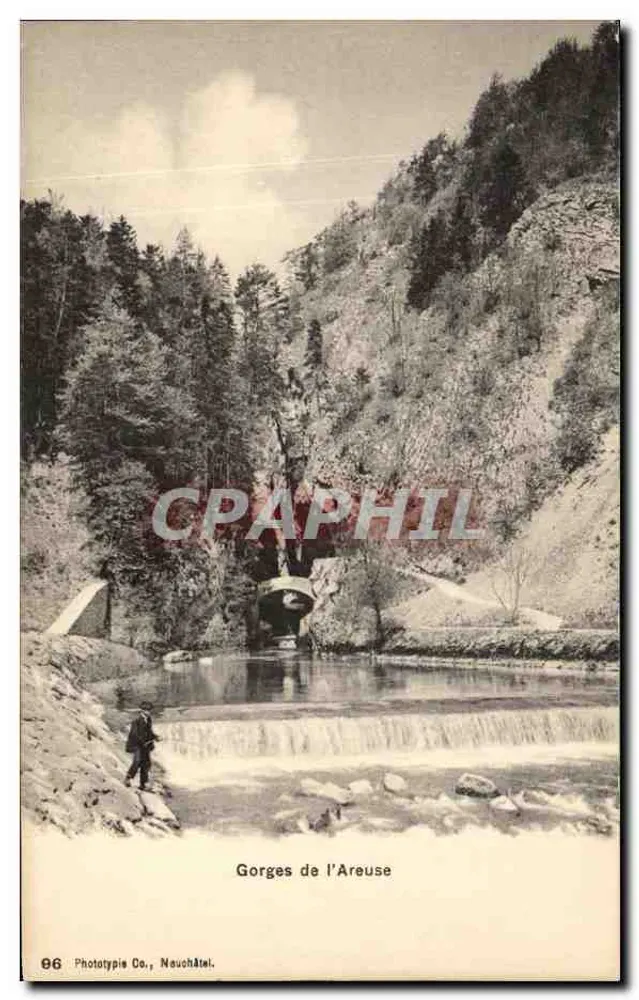 Gorges de l'Areuse — vista das gorges com cascata e homem — Phototypie Co., Nauchâtel, n° 96 - Frente