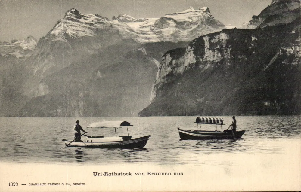 Uri-Rothstock von Brunnen aus — Aussicht auf den See mit zwei Booten — Charnaux Frères & Cie, Genf, Nr. 1023 - Vorderseite