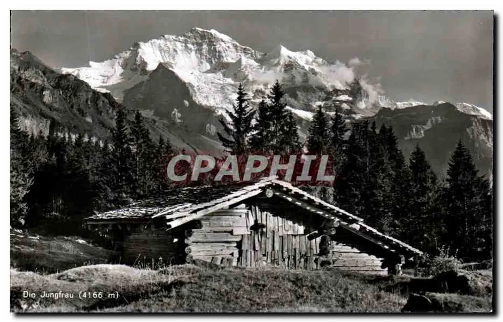 A Jungfrau (4166 m) — montanha nevada e cabana de madeira — Photoglob-Wehrli A.G., Zurique - Frente