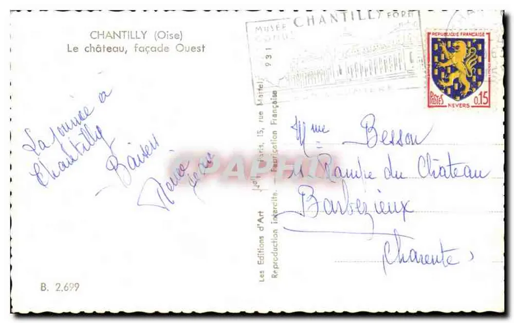 Chantilly — O castelo, fachada Oeste — Les Éditions d'Art, B. 2.699 - Verso