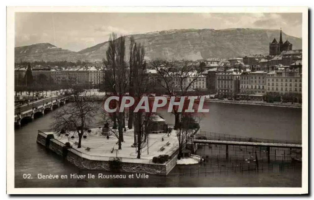 Genf im Winter — Insel Rousseau und Stadt — Foto. Verlag O. SARTORI, Genf - Vorderseite