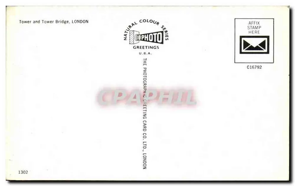 Torre de Londres e Ponte Tower — série Natural Colour — editor The Photographic Greeting Card Co. Ltd., Londres, n° C16792 - Verso