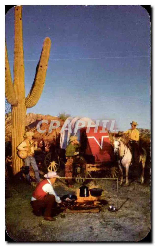 Cowboys autour du wagon-lit — Flying 'V' Ranch — Kodachrome par Ray Manley - Recto