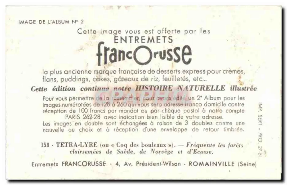 Tetra-Lyre — Waldvogel — Entremets Francoruisse, Nr. 158 - Rückseite