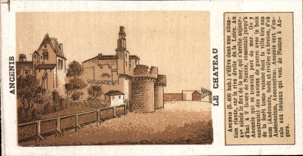Ancenis — O Castelo — Ancenis (5.400 hab.) ergue-se em uma situação agradável, na margem direita do rio Loire. No século xv, construíram-se navios de guerra com madeira de Andennes, floresta de Andenesium, em Ancenis. - Frente