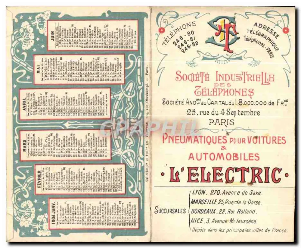 Elektrisches Auto mit Reifen "L'Electric" — Werbung für die Société Industrielle des Téléphones — 1904 - Rückseite
