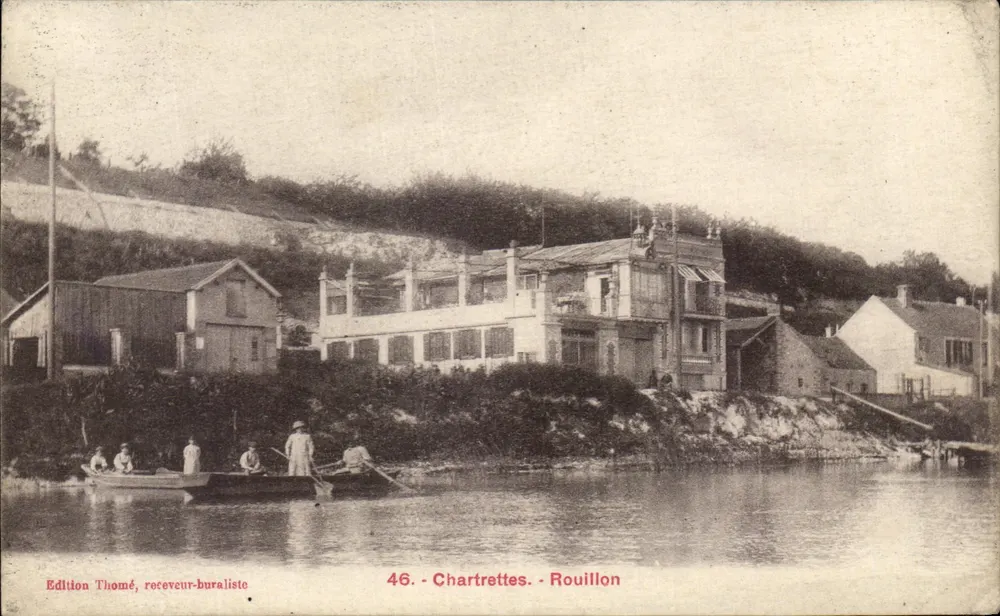 Chartrettes - Rouillon — Vista do rio com barco e casas — Edição Thomé, receveur-buralista, n°46 - Frente