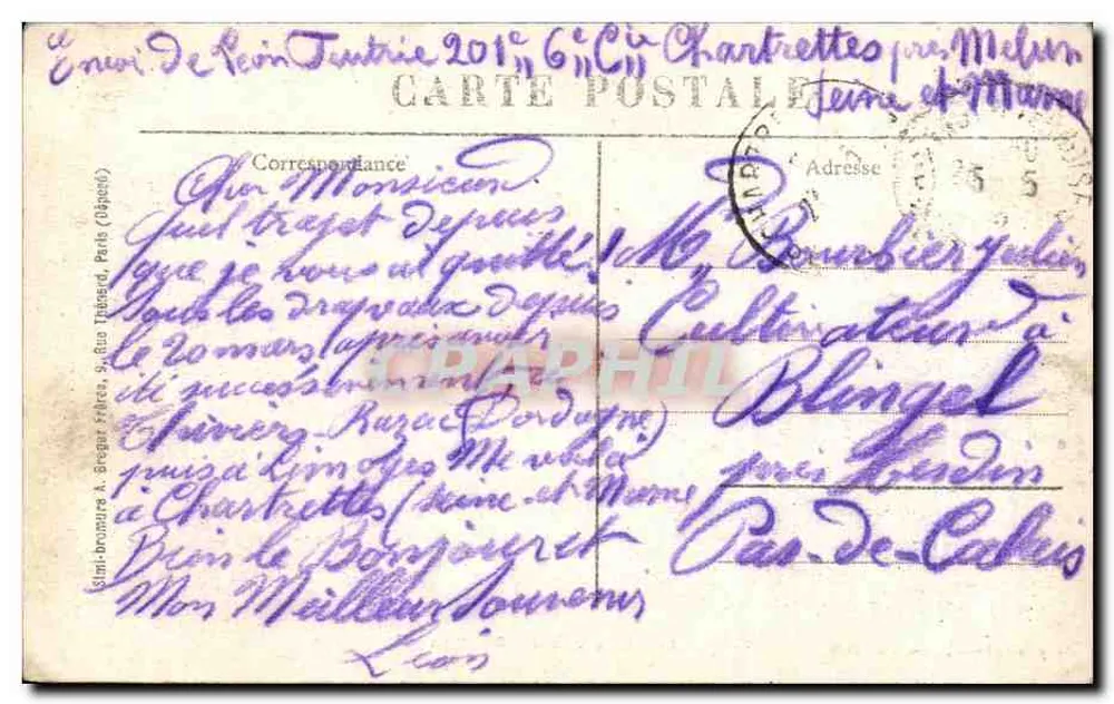 Chartrettes - Rouillon — Vista do rio com barco e casas — Edição Thomé, receveur-buralista, n°46 - Verso