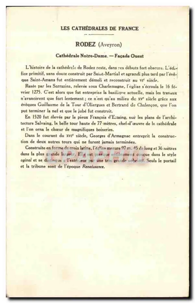Rodez — Catedral Nossa Senhora — Fachada Oeste — Coleção da Solução Pautaubege - Verso