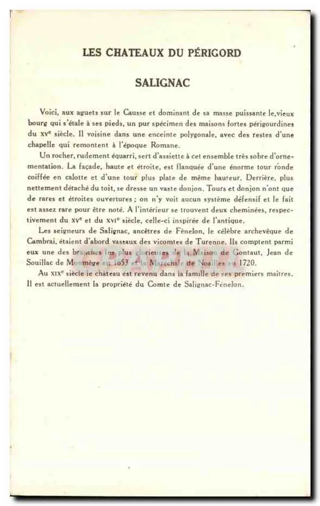 Castelo de Salignac — Os Castelos do Périgord — 10ª Série, edição Pauvauherre - Verso