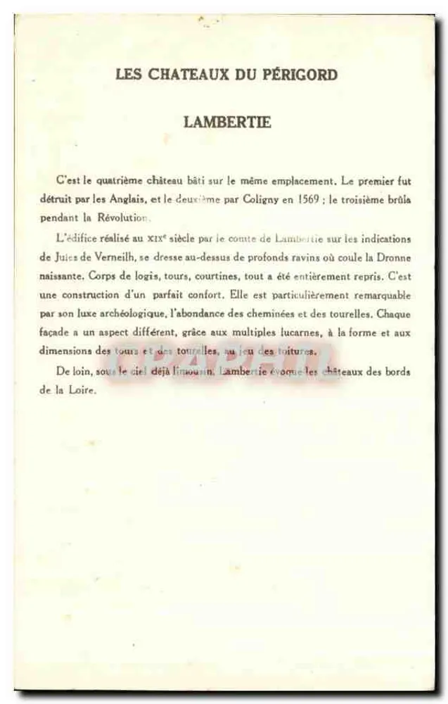 Os Castelos do Périgord — Castelo de Lambertié — Coleção da Solution Pauaumotier, 9ª Série - Verso