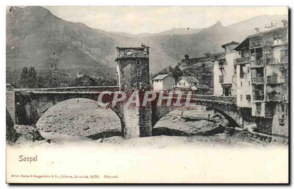 Sospel — pont de pedra e torre de vigilância — Atelier H. Guggenheim & Co., Zurique, N° 8078 - Frente