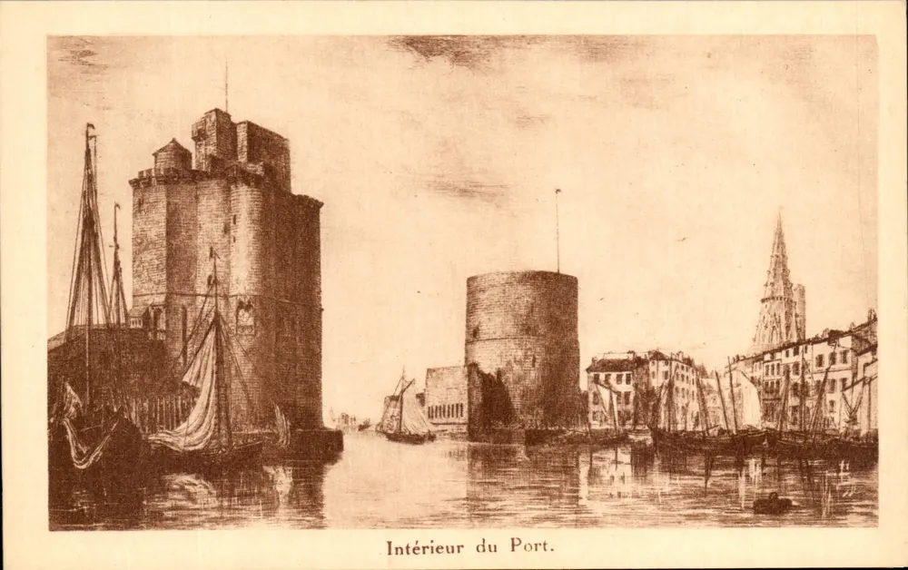 Interior do Porto — vista do porto com torres e barcos — F. Pyollet, editor, La Rochelle (Ain) - Frente