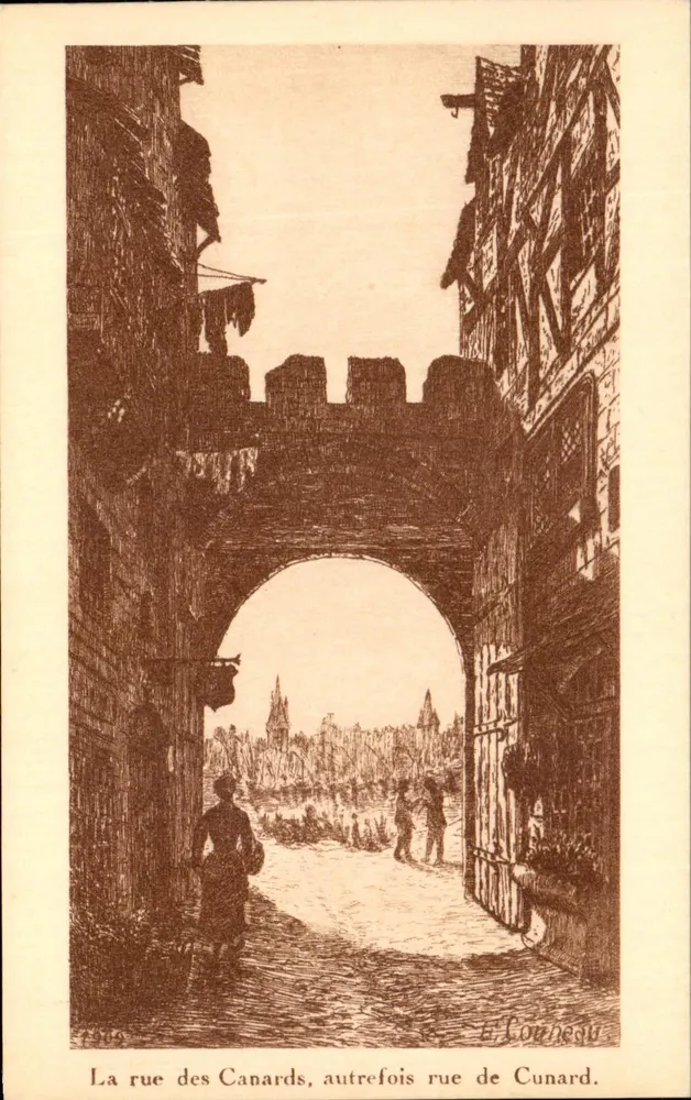 La rue des Canards, ehemals rue de Cunard — Kupferstich von L. Couheau — Verlag: Héliosadag, La Rochelle - Vorderseite