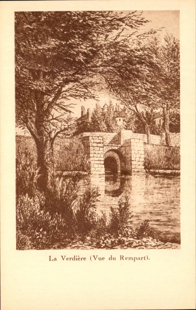 La Verdière (Ansicht des Schlosses) — Ansicht einer Brücke über einen Kanal, umgeben von Bäumen — Verlag F. Pirollier, La Rochelle - Vorderseite